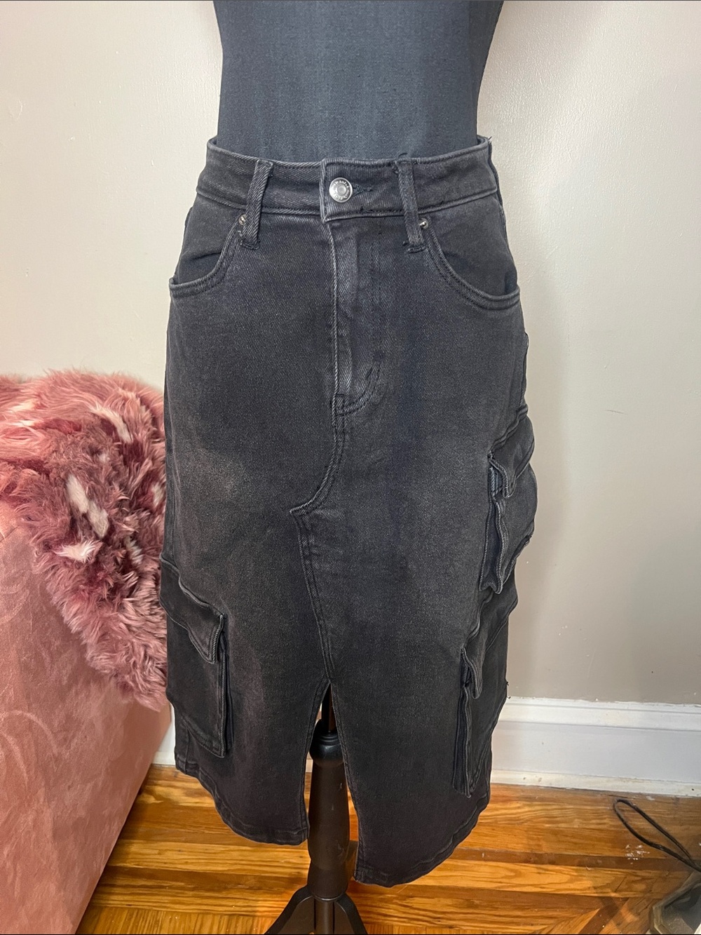 Washed Black Cargo Pocket Midi Denim Skirt